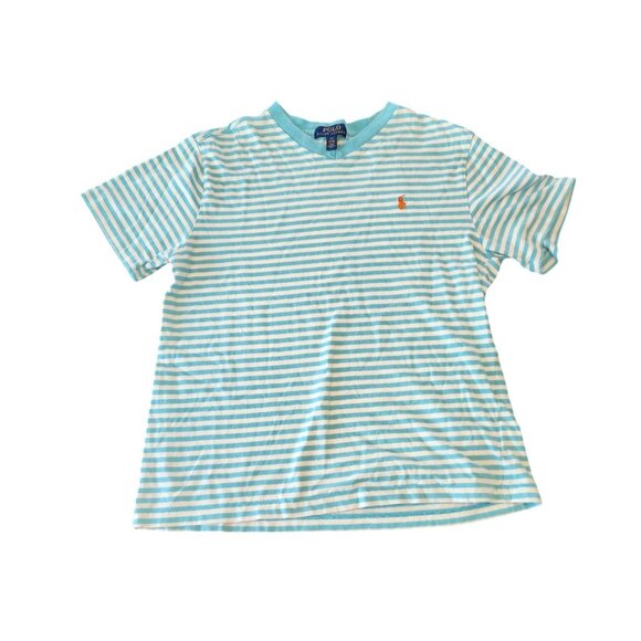 Polo Ralph Lauren‎ V-Neck T-Shirt Girls Large Striped Turquoise White Stripe EUC - Picture 1 of 9